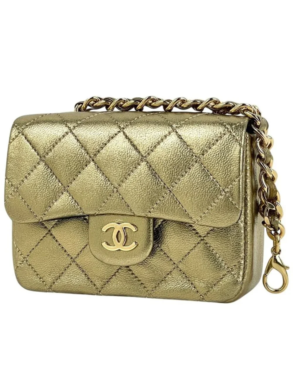 Chanel CC Logo Chain Pouch Mini Quilted Charm Leather Gold